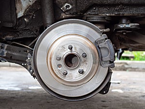 Front view of new brake disc on old car