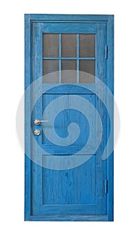 Front view of  old blue wooden door