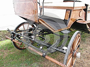 Front view of old-fashioned horse carriage on green grass