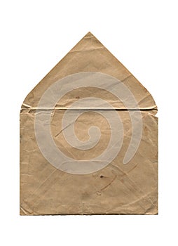 Front view of old open aged paper envelope isolated on white