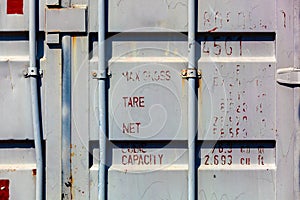 Front view of weathered shipping container