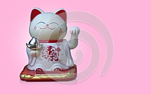 Front view old white and red lucky smile cat standing and holding on pink background, object, religion, animal, decor, gift, copy