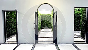 Open Door With Light, Open Door With Garden, Exit Door Concept