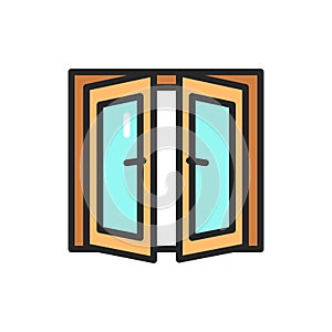 Front view open double doors color line icon. Isolated vector element