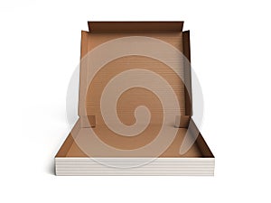 Front view of opened pizza box 3d render on white background