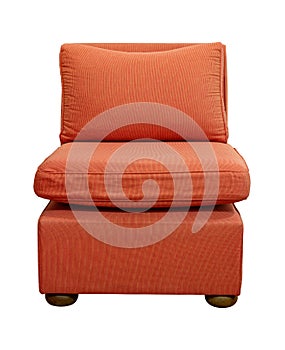 Front View of Orange Fabric Sofa Furniture with Pillow Isolated on White