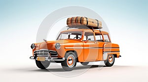 Front view of orange retro car with luggage on the roof ready for summer vacation