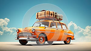 Front view of orange retro car with luggage on the roof ready for summer vacation