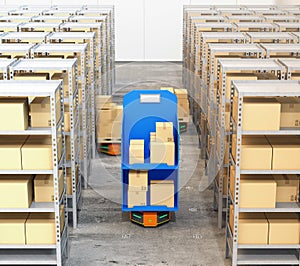 Front view of orange robot carriers carrying goods in modern warehouse