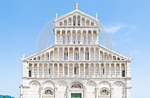 Front view of ornamental Romanesque portal of Pisa Cathedral - Roman Catholic cathedral dedicated to the Assumption of