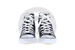 Pair of womens high top lace up dark navy blue sneakers isolated on white background