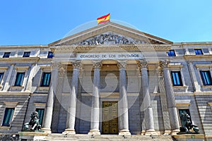 Front view of Palacio de las Cortes or Congreso de los Diputados Congress of Deputies building in Madrid,