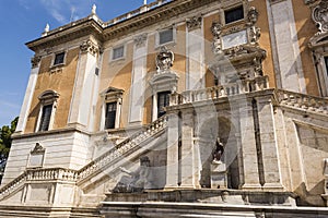 Front view of the Palazzo Senatorio and Fontana della Dea Roma in the Piazza del Campidoglio on top of the Capitoline Hill in Rome