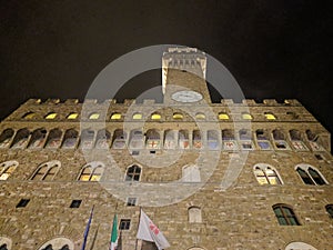 Front view of Palazzo Vecchio at night, Florence, Tuscany, Italy