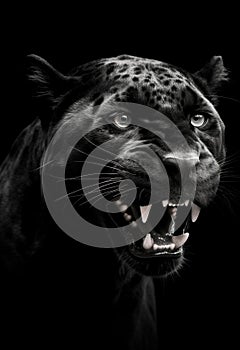 Front view of Panther on black background. Wild animals banner with copy space. Predator series walking out of the dark into the