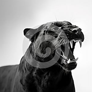 Front view of Panther on white background. Wild animals banner with copy space. Predator series walking out of the dark into the