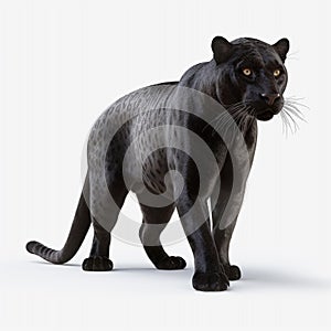 Front view of Panther on white background. Wild animals banner with copy space. Predator series walking out of the dark into the