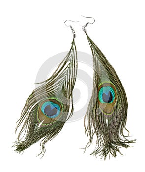 Front view of peacock feather earrings