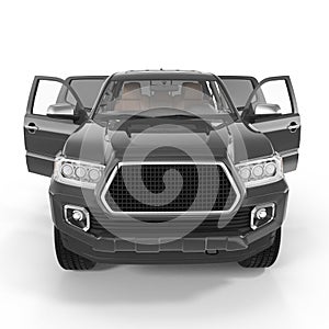 Front view. Pickup Truck on white. Doors opened. 3D illustration