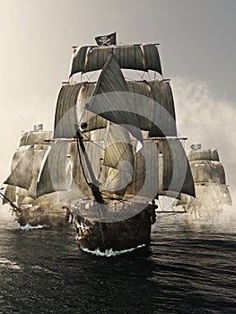 Front view of a pirate ship fleet piercing through the fog.