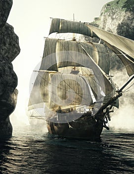 Front view of a pirate ship piercing through the fog of a narrow channel.