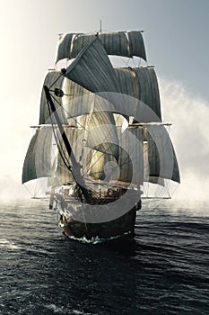 Front view of a pirate ship vessel piercing through the fog headed toward the camera .