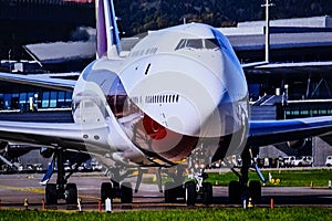 Airplane ready to take off from runway.