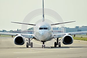 Front view of plane before takeoff