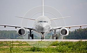 Front view of plane before takeoff