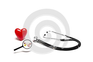 Front view of plastic red heart model, stethoscopes, and drugs with magnifying glass on white background