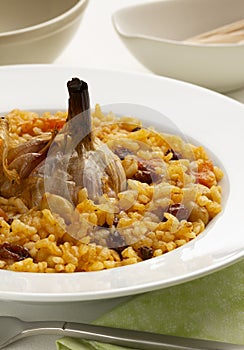 Front view of a plate of baked rice with