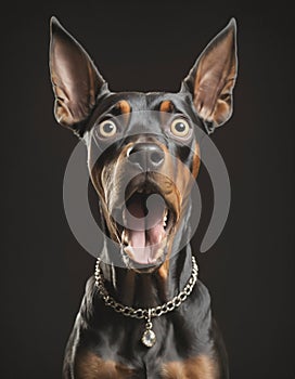 Front view portrait of an astonished Dobermann dog opening its mouth in surprise on an isolated black background