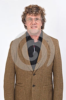 A front view of a portrait of  middle aged man with blazer on white background