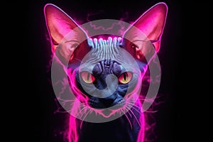 Front view portrait of Sphynx cat with neon lighting, staring at camera, on black background.