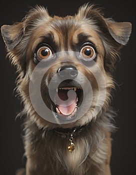 Front view portrait of a surprised dog with open mouth and isolated on black background