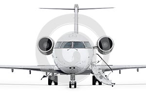 Front view of the private jet with an opened gangway isolated
