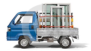 Front view on PVC windows in open tailgate of a truck, windows delivery, windows production concept.