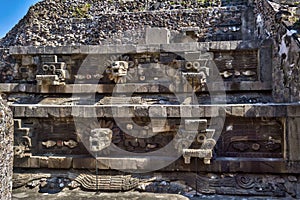 Front view of the Pyramid of the Feathered Serpent in Teotihuacan. Quetzalcoatl, deity of Mesoamerican culture. photo