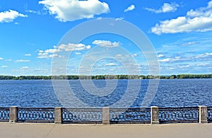 Front view on quay of river Volga in Samara city, Russia on sunny summer day