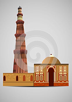 Front view of Qutub Minar New Delhi, India, The tallest minaret in India is a marble and red sandstone tower that represents the b