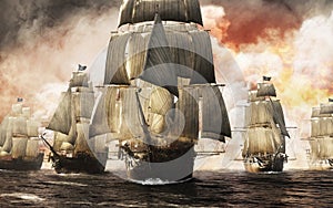 Front view of a raider pirate ship fleet piercing through the smoke and the fog after a successful attack