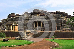 Front view of Ravanaphadi rock-cut temple, Aihole, Bagalkot, Karnataka.