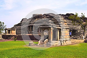 Front view of Ravanaphadi rock-cut temple, Aihole, Bagalkot, Karnataka.