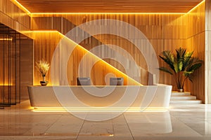 Front view of reception desk in a modern hotel or office building. Decorative wooden wall and staircase on the