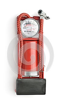 Front view of red car tyre foot pump