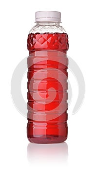 Front view of red fruit drink in plastic bottle