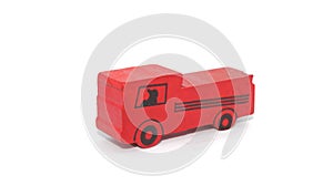 Front view of a red wooden toy truck on a white background