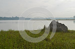 Front view of reservoir Karangkates Malang Indonesia between mountains photo