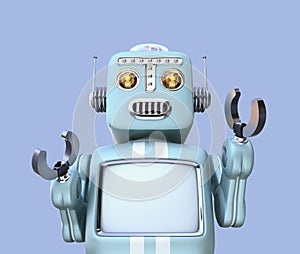 Front view of retro robot isolated on blue background