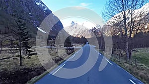 Front view of road through Norway forest in Trolltunga